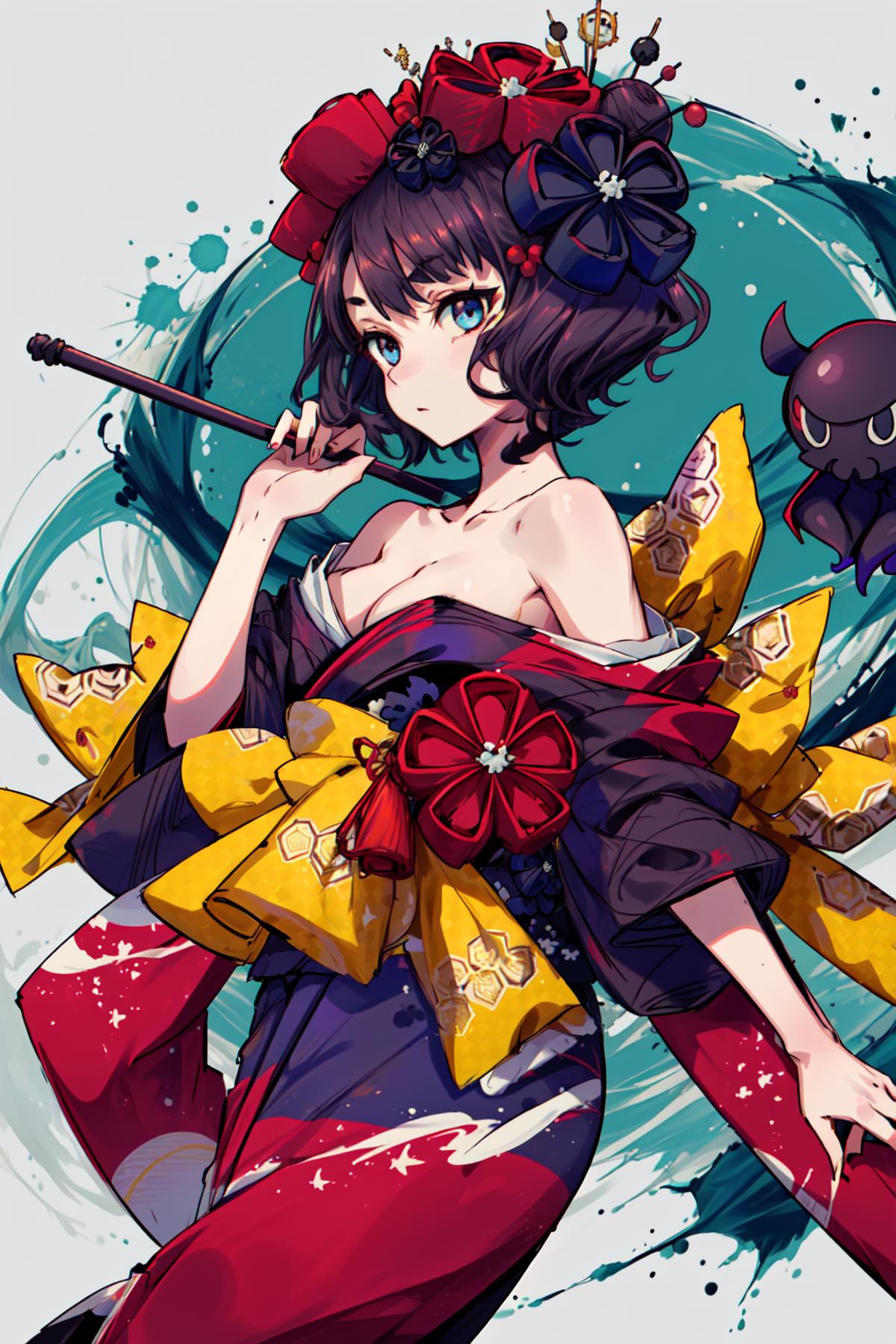 masterpiece,best quality,1girl,katsushika hokusai \(fate\),kimono,hair flower,hair stick,off shoulder,yellow bow,tokitarou...